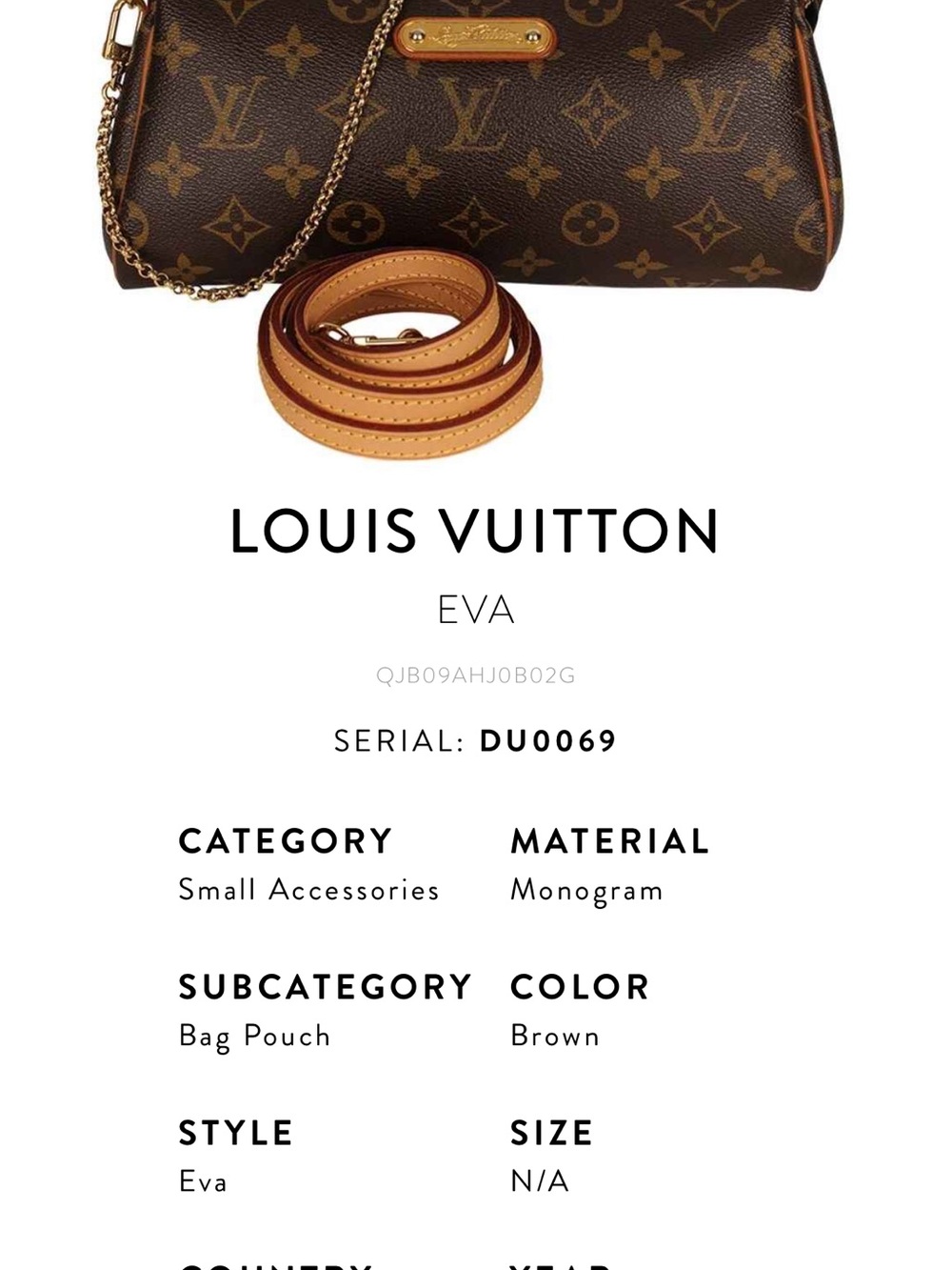 Louis Vuitton Monogram Eva Clutch Shoulder bag 2009 Authentic France chain strap